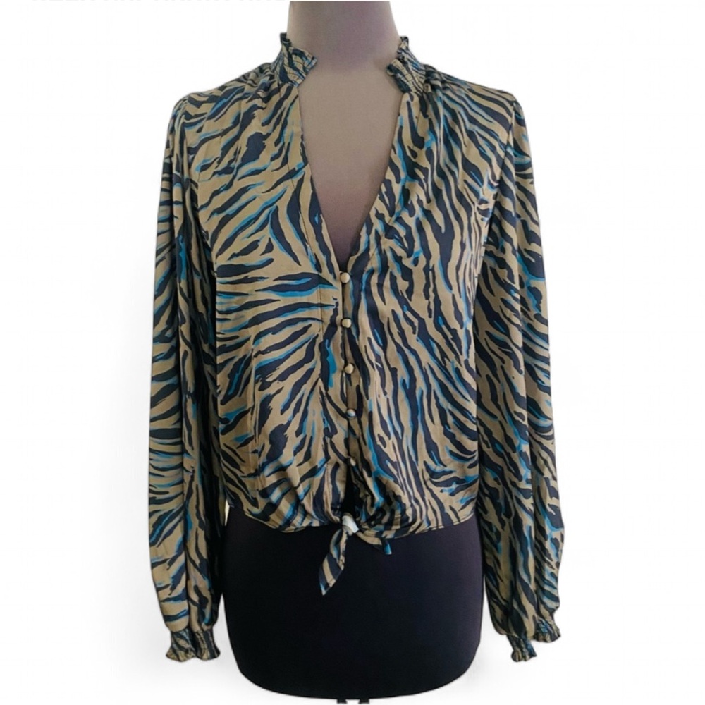 27 MILES MALIBU BRAMA DI ZEBRA PRINT LONG SLEEVE BLOUSE FRONT TIE SIZE SMALL